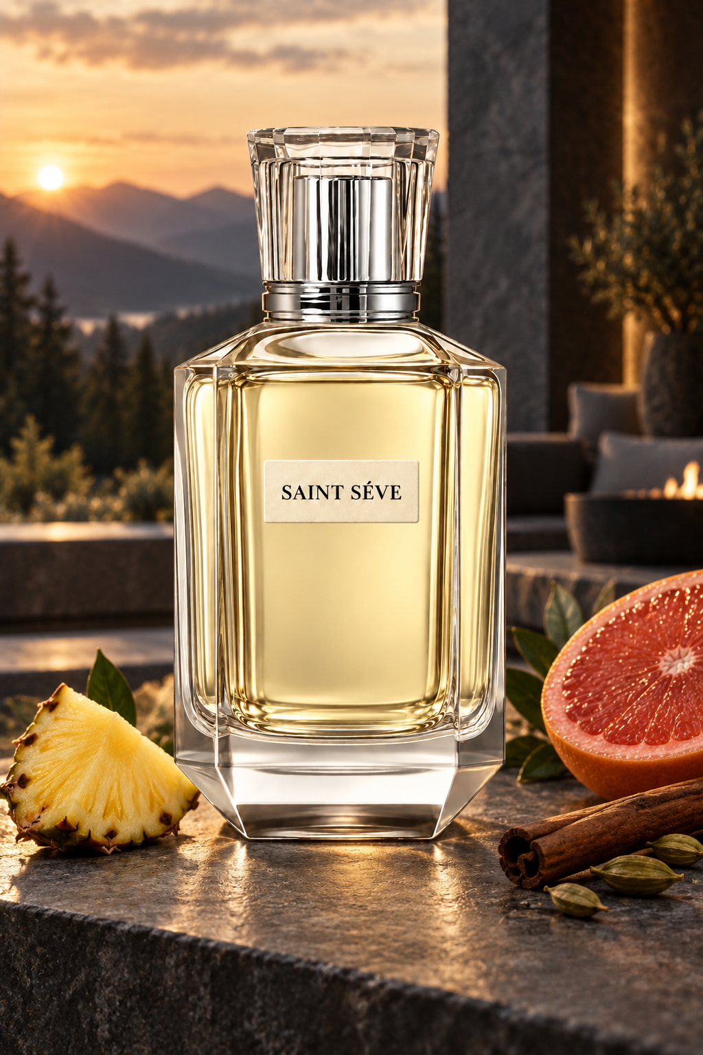 Frasco SAINT SÉVE Absolu en una escena que evoca sus notas: Toronja, Piña, Cardamomo, Canela, Vetiver.