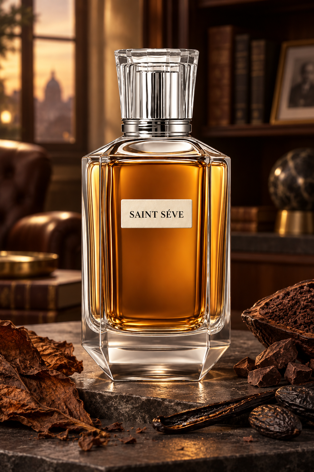 Frasco SAINT SÉVE Ambre en una escena que evoca sus notas: Hoja de tabaco, Vainilla, Cacao, Haba tonka.