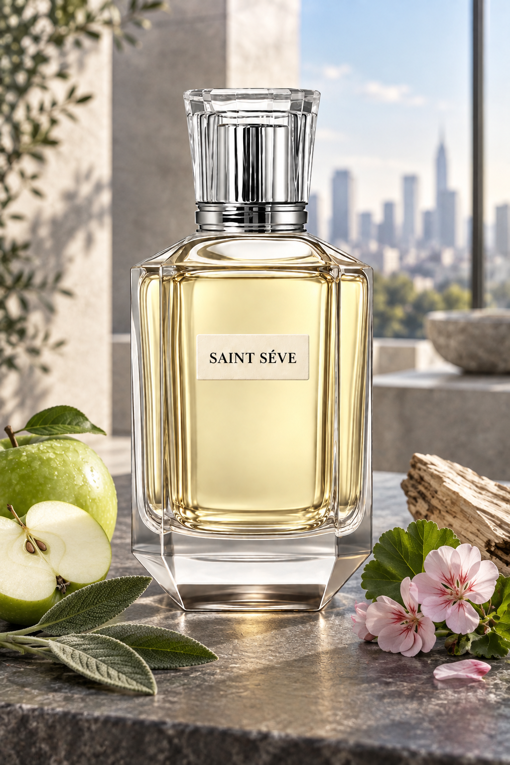Frasco SAINT SÉVE Ascend en una escena que evoca sus notas: Manzana, Salvia, Geranio, Maderas.
