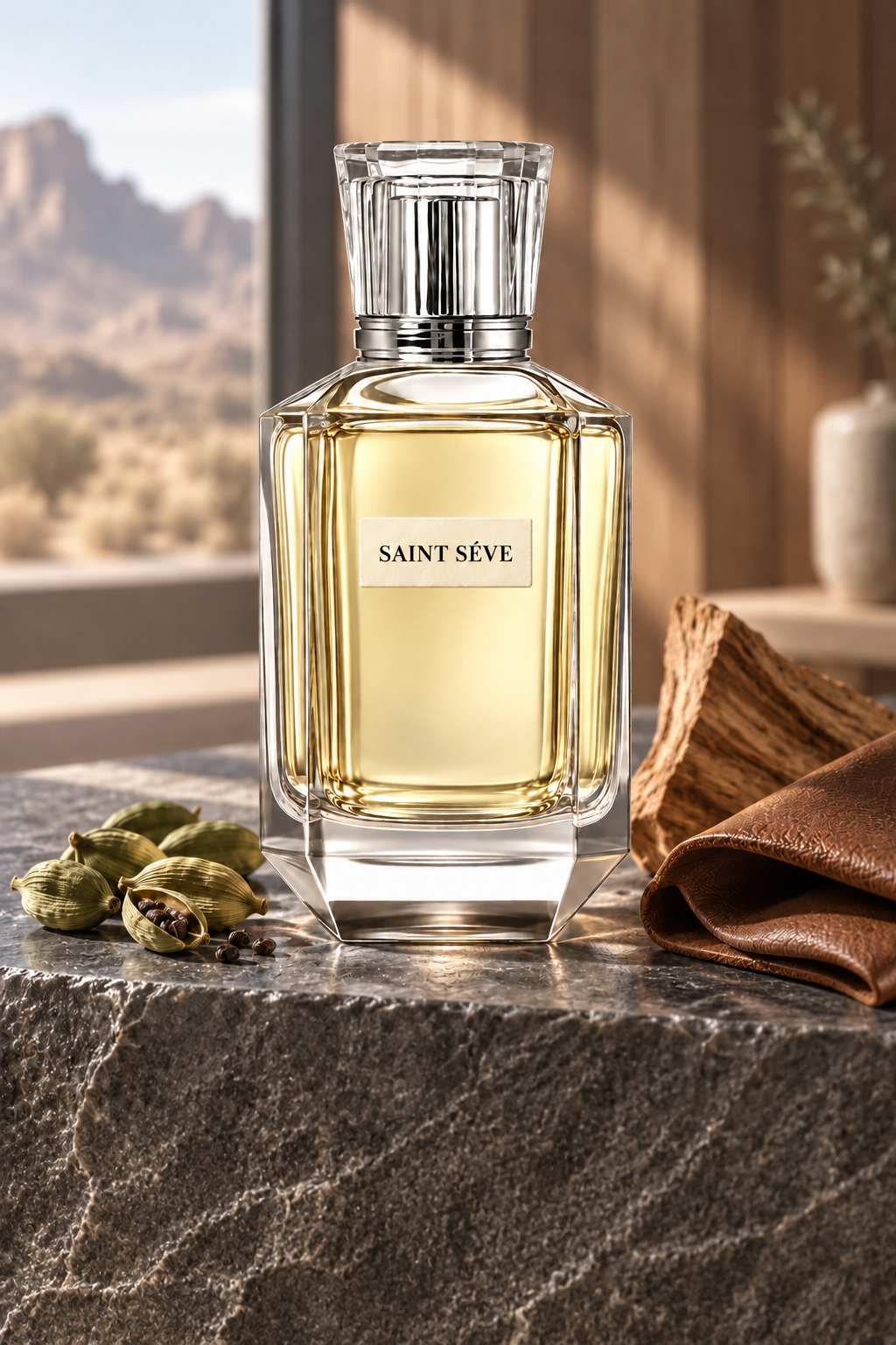 Frasco SAINT SÉVE Bois en una escena que evoca sus notas: Cardamomo, Violeta, Sándalo, Cedro, Cuero.