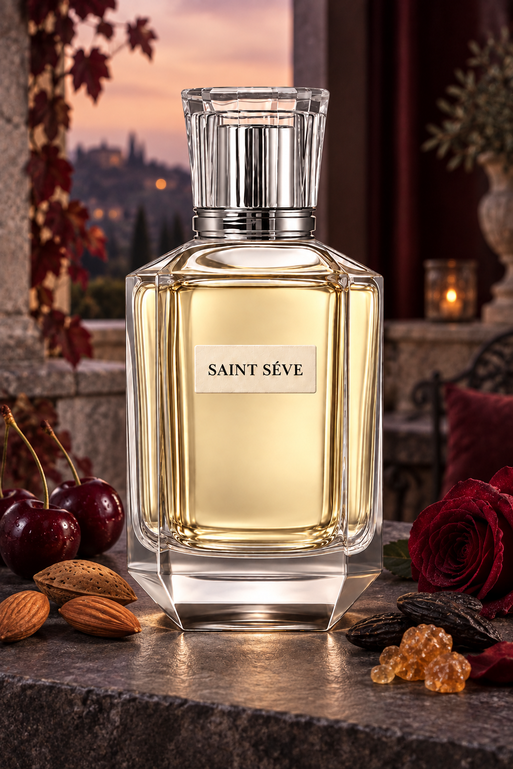 Frasco SAINT SÉVE Cerise en una escena que evoca sus notas: Cereza negra, Almendra amarga, Rosa, Bálsamo del Perú, Haba tonka.