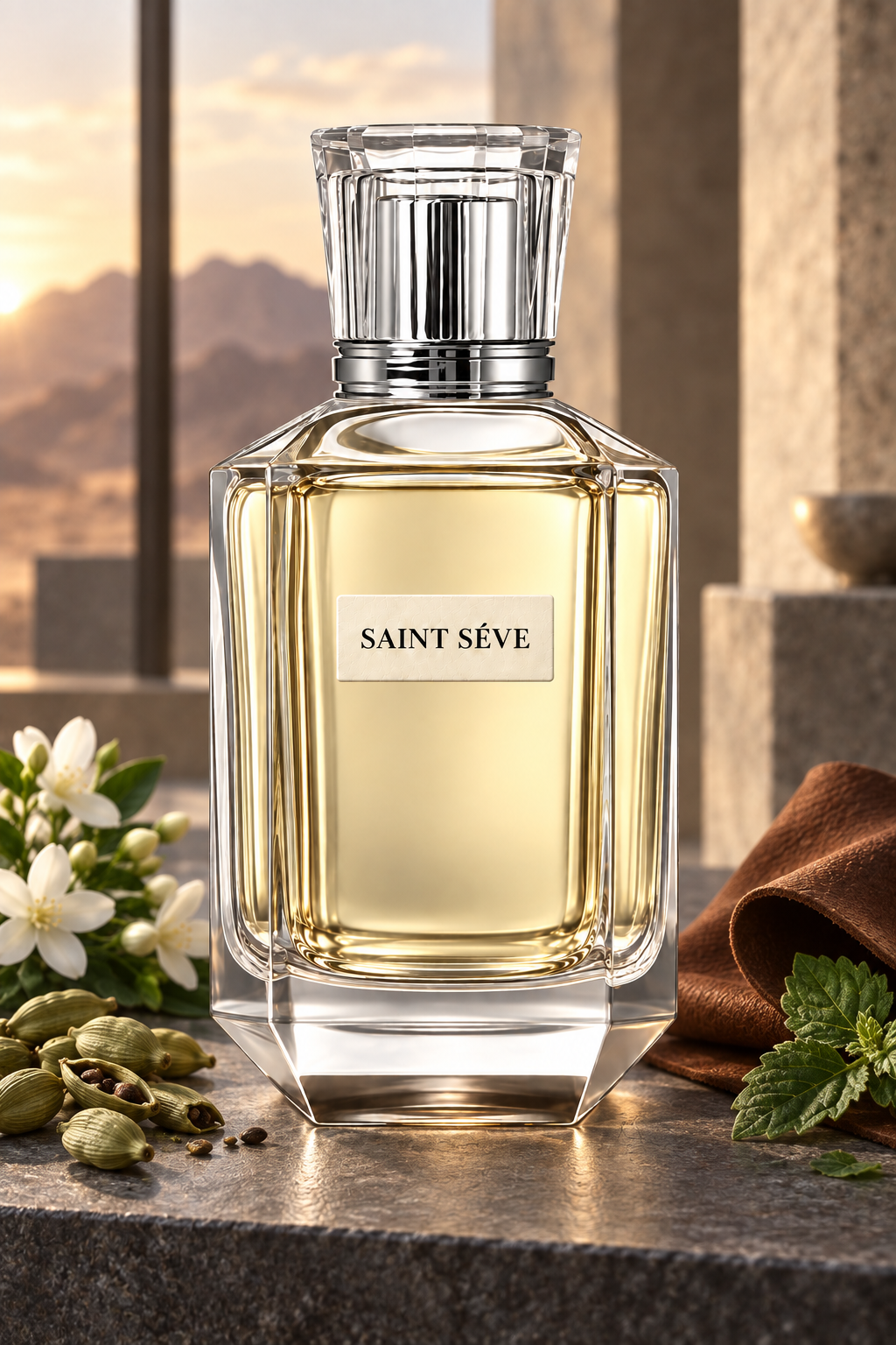 Frasco SAINT SÉVE Cuir en una escena que evoca sus notas: Cardamomo, Jazmín, Cuero, Pachulí, Ámbar.