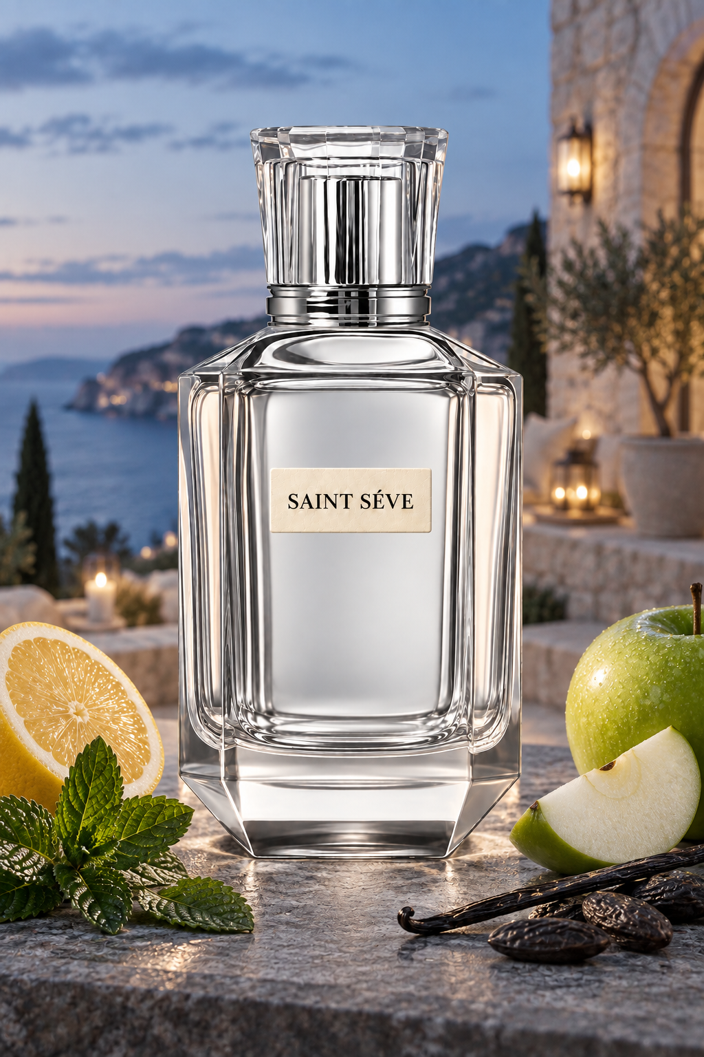 Frasco SAINT SÉVE Désir en una escena que evoca sus notas: Menta, Limón, Manzana verde, Haba tonka, Vainilla.