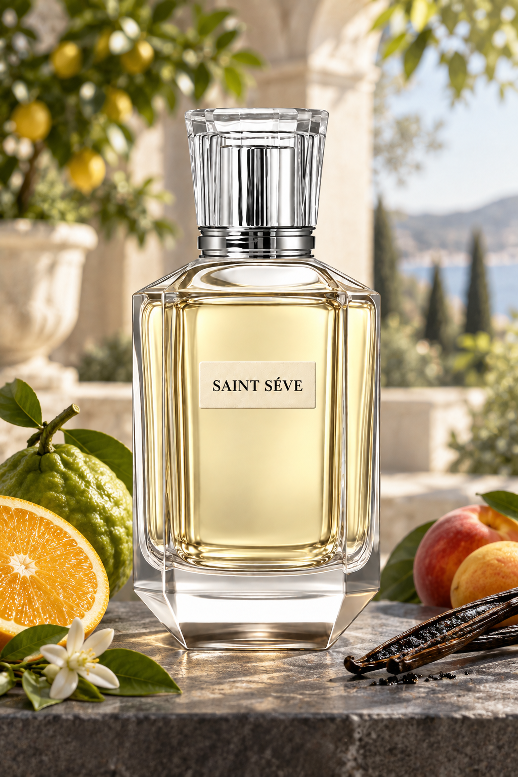 Frasco SAINT SÉVE Éden en una escena que evoca sus notas: Naranja, Bergamota, Frutas, Vainilla, Almizcle blanco.