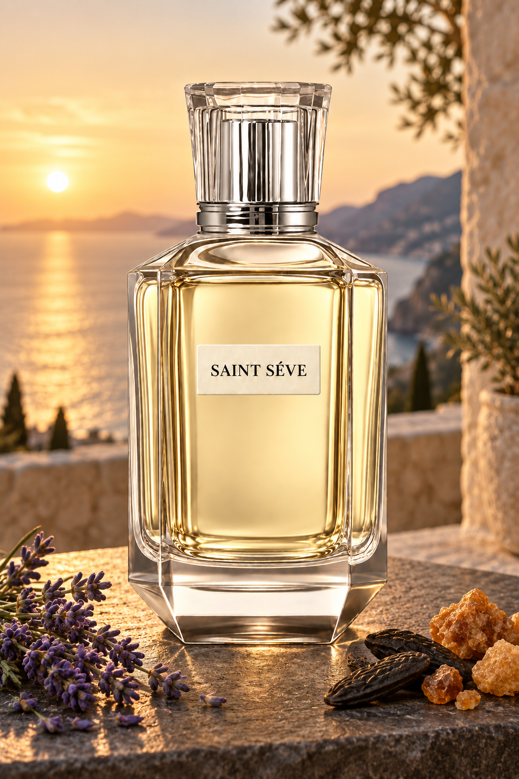 Frasco SAINT SÉVE Elixir en una escena que evoca sus notas: Lavanda, Haba tonka, Benjuí.
