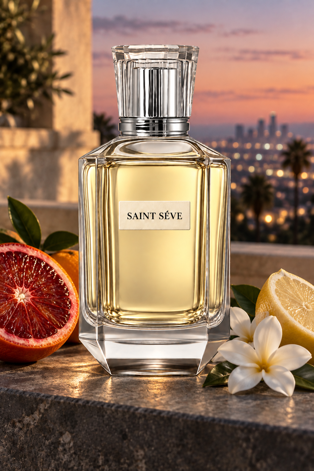 Frasco SAINT SÉVE Étoile en una escena que evoca sus notas: Naranja sanguina, Limón, Tiaré.