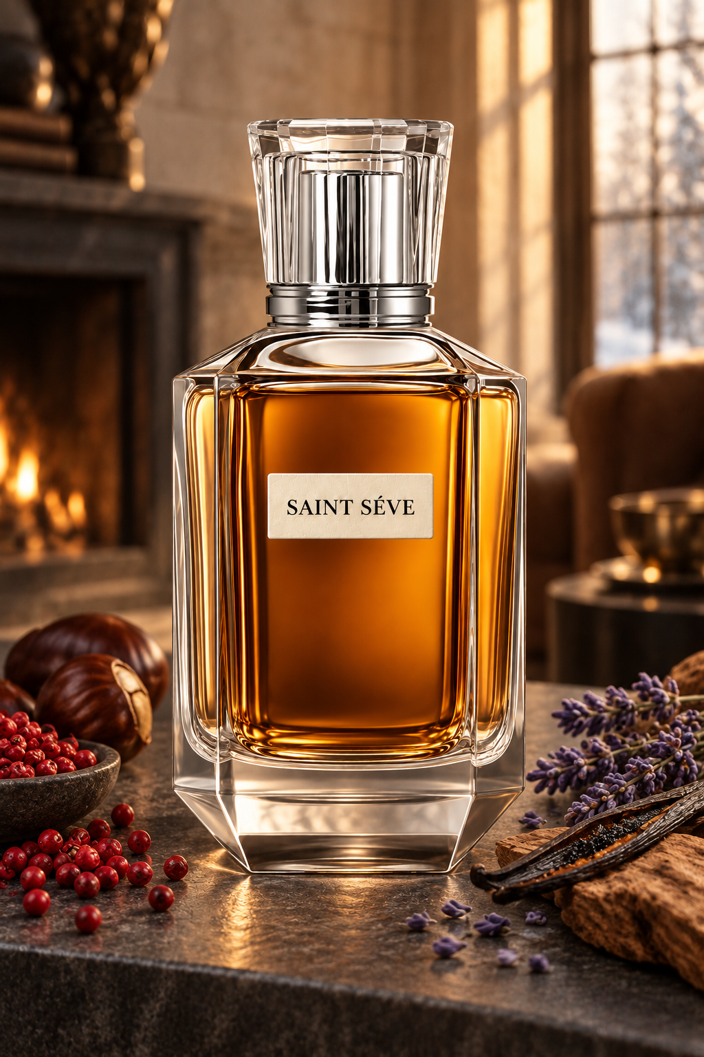 Frasco SAINT SÉVE Étreinte en una escena que evoca sus notas: Pimienta rosa, Castaña, Lavanda, Vainilla, Maderas ambarinas.