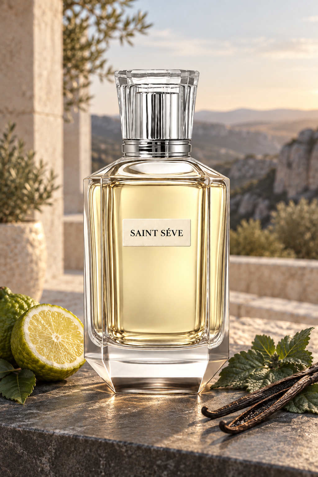 Frasco SAINT SÉVE Horizon en una escena que evoca sus notas: Bergamota, Pachulí, Vainilla.