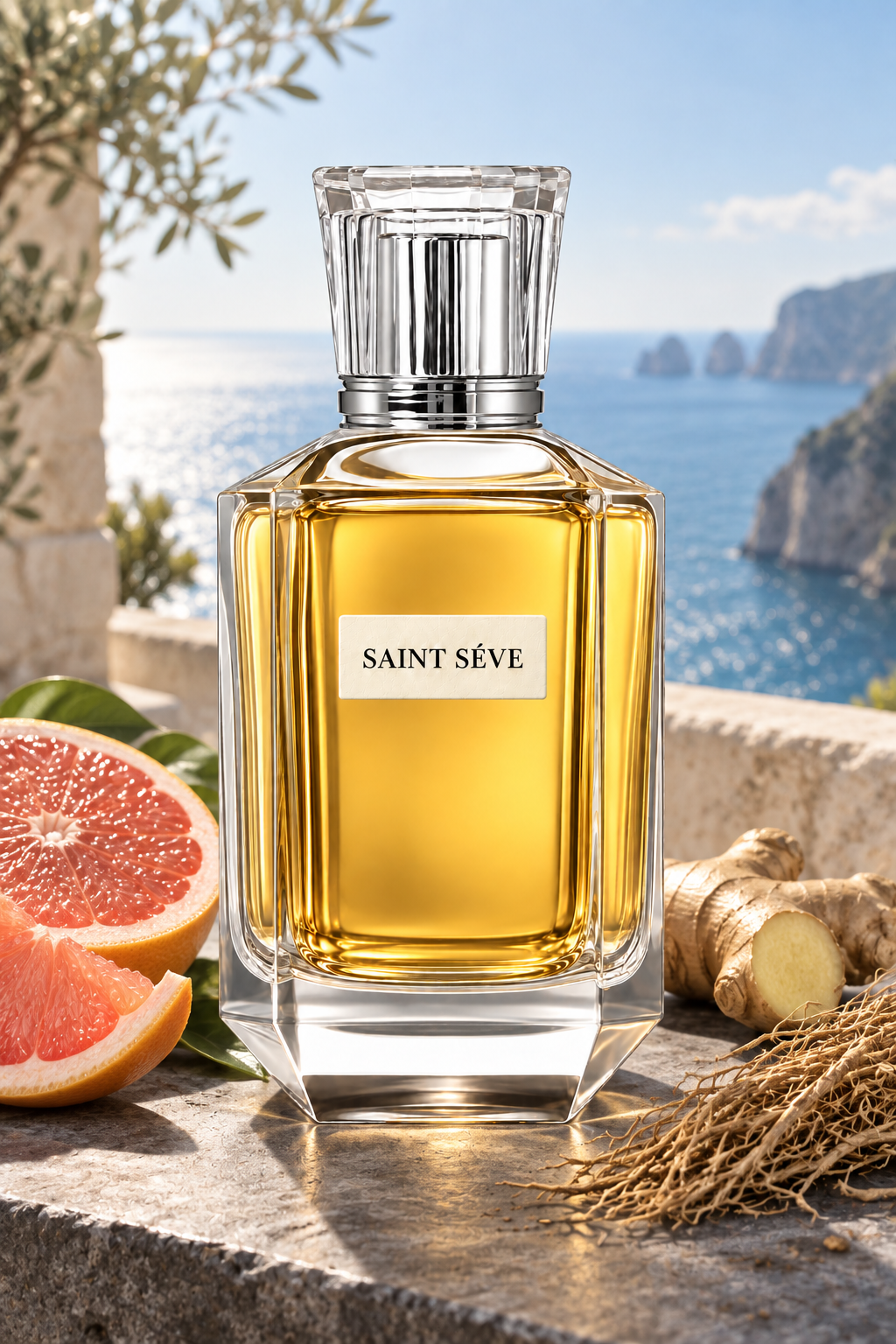 Frasco SAINT SÉVE Infini en una escena que evoca sus notas: Jengibre, Toronja, Vetiver.
