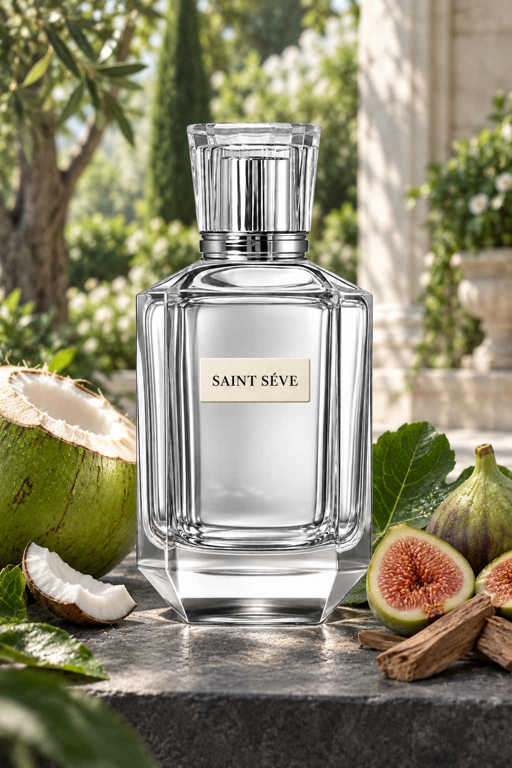 Frasco SAINT SÉVE Jardin en una escena que evoca sus notas: Agua de coco, Higo verde, Sándalo.