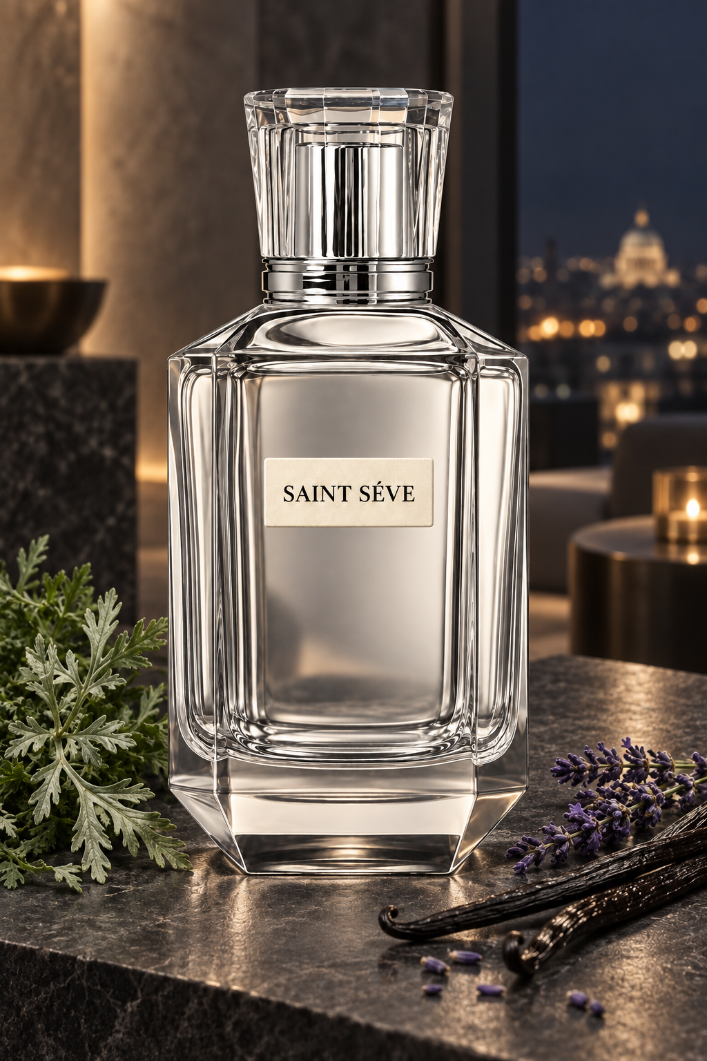 Frasco SAINT SÉVE Minuit en una escena que evoca sus notas: Absenta, Lavanda, Almizcle, Vainilla.