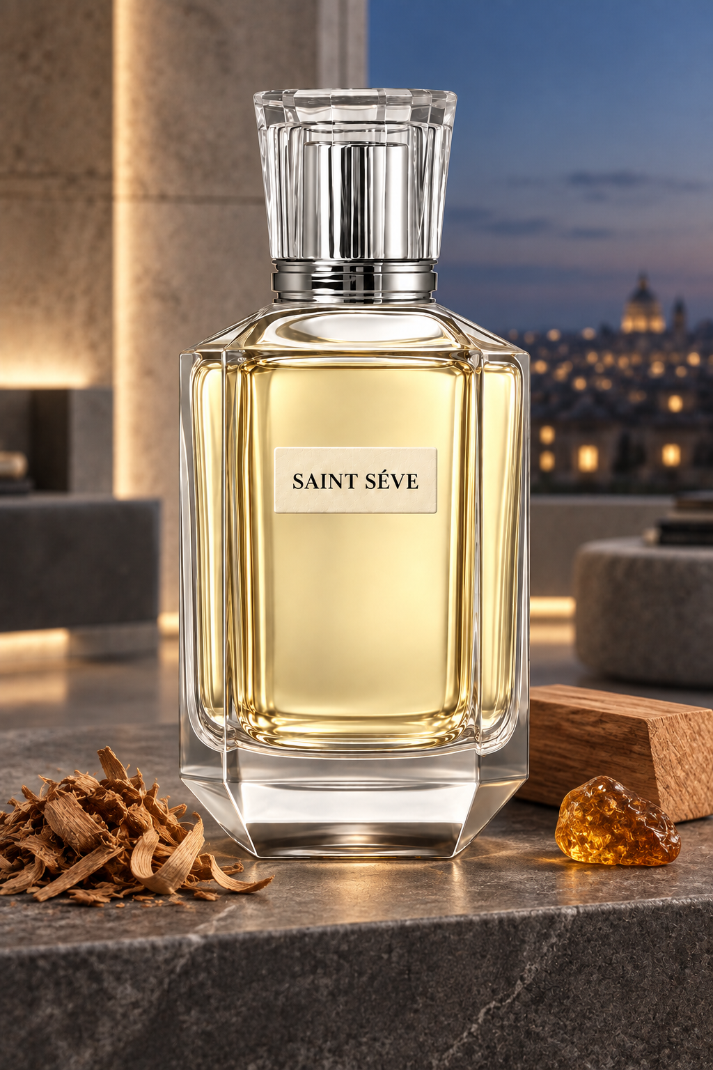 Frasco SAINT SÉVE Nocturne en una escena que evoca sus notas: Cedro, Sándalo, Ámbar, Almizcle.