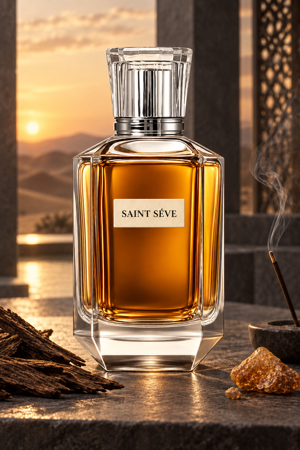 Frasco SAINT SÉVE Ombre en una escena que evoca sus notas: Oud, Benjuí, Incienso.