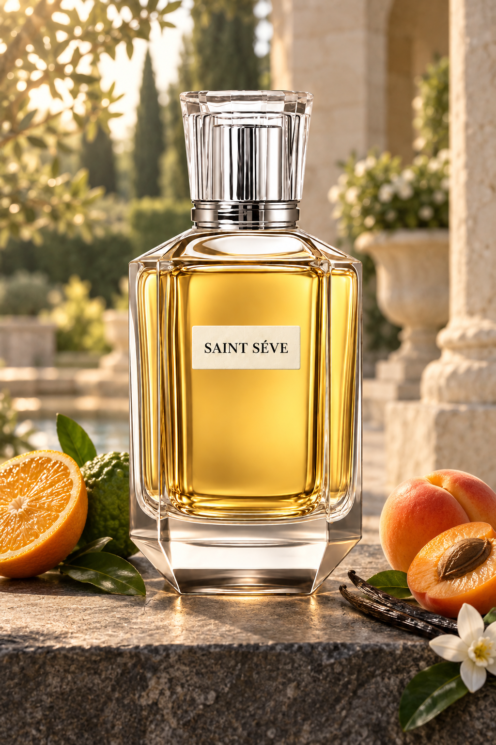 Frasco SAINT SÉVE Régent en una escena que evoca sus notas: Naranja, Bergamota, Frutas, Ámbar, Vainilla, Almizcle blanco.
