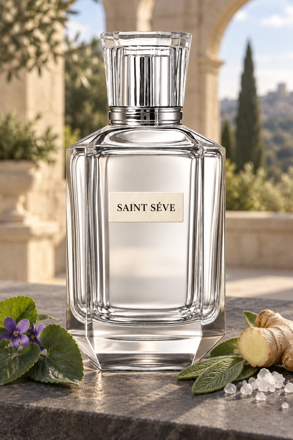 Frasco SAINT SÉVE Roma en una escena que evoca sus notas: Hoja de violeta, Salvia, Sal mineral, Jengibre, Vetiver.
