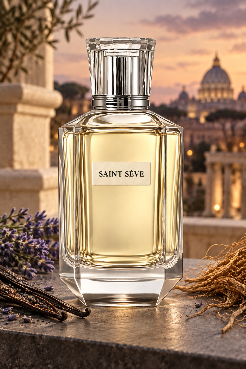 Frasco SAINT SÉVE Roma Nuit en una escena que evoca sus notas: Vainilla, Lavandín, Vetiver.