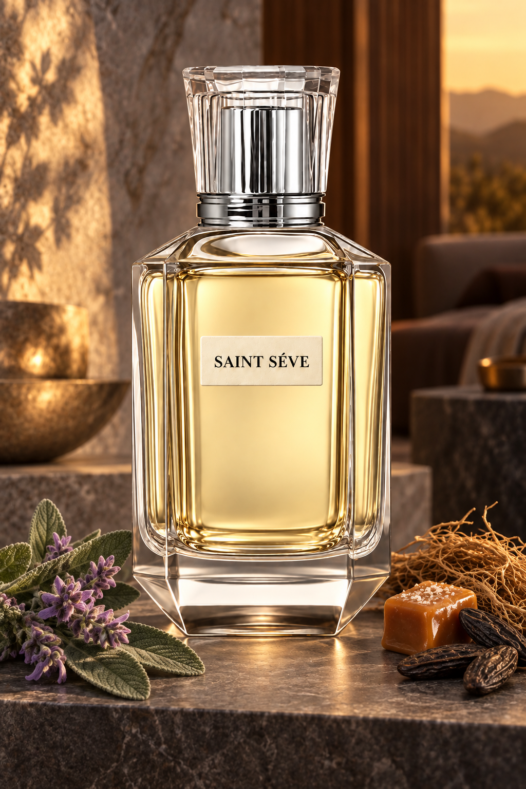 Frasco SAINT SÉVE Scène en una escena que evoca sus notas: Salvia esclarea, Caramelo, Haba tonka, Vetiver.