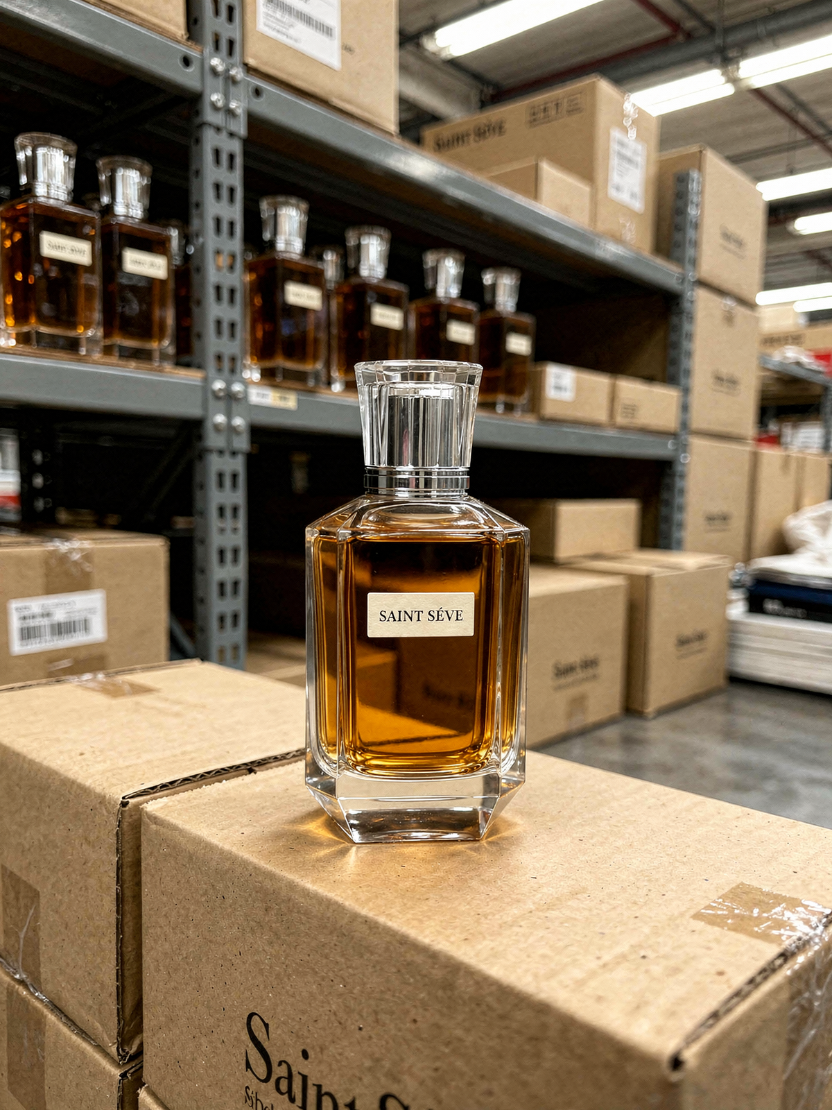 Frasco SAINT SÉVE de vidrio facetado en una bodega, con cajas y otros perfumes.