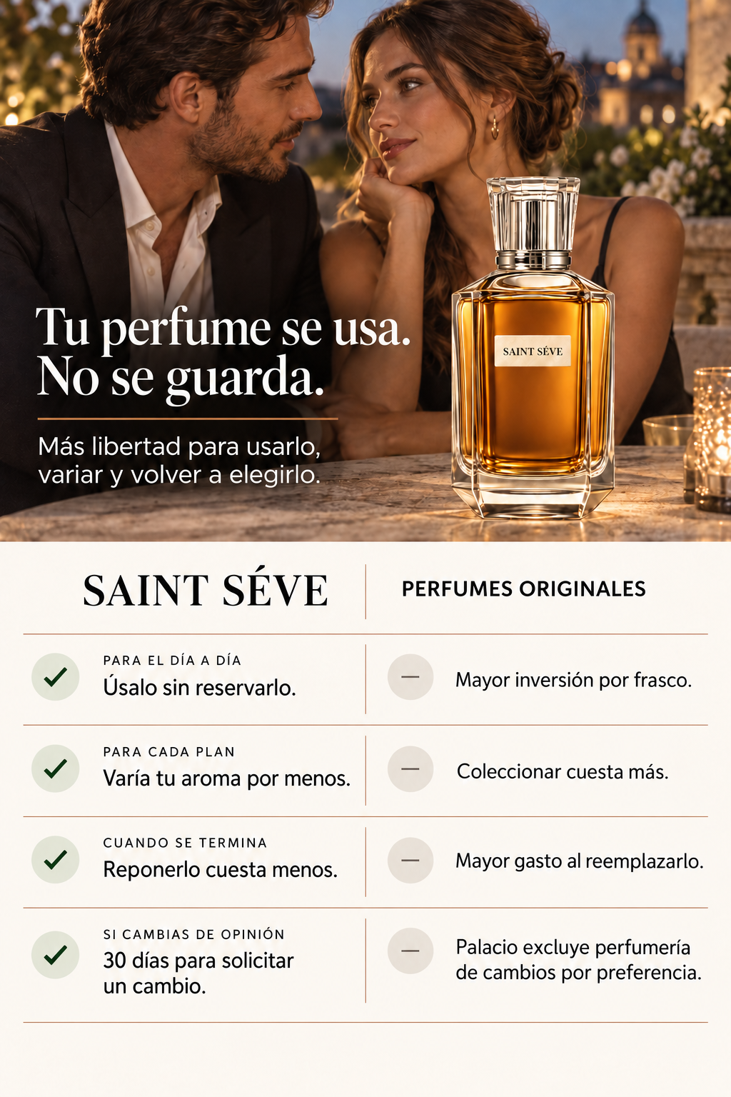 Comparativa SAINT SÉVE: uso diario, variedad, reposición y posibilidad de solicitar un cambio en 30 días.