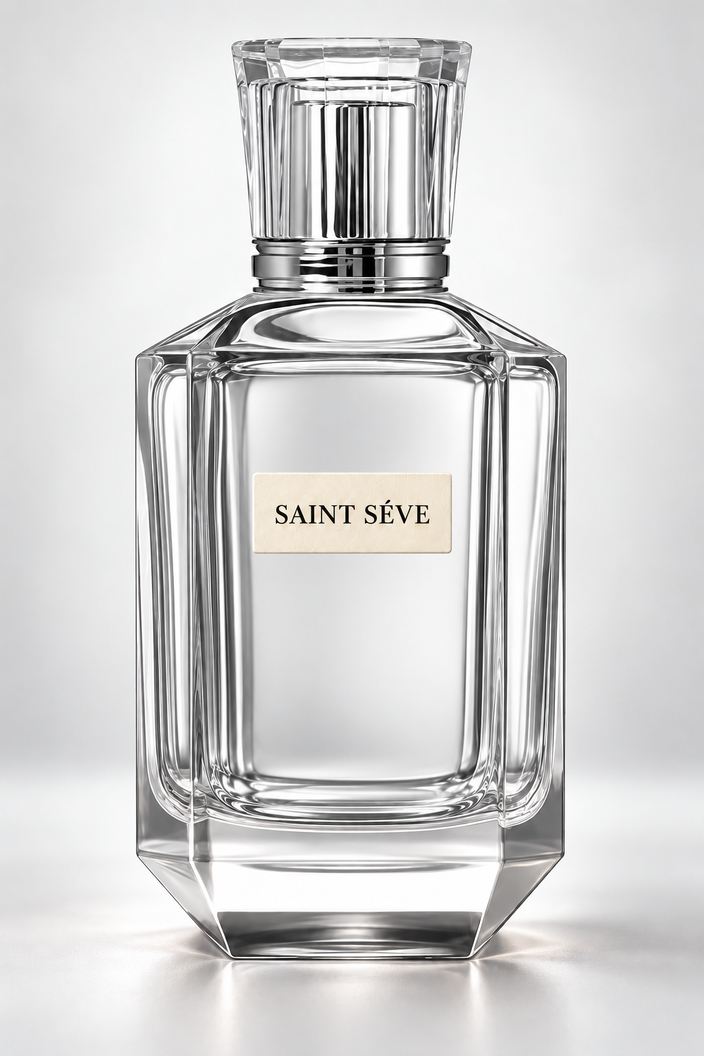 Frasco SAINT SÉVE de vidrio facetado, tapa transparente, metal plateado y líquido incoloro.