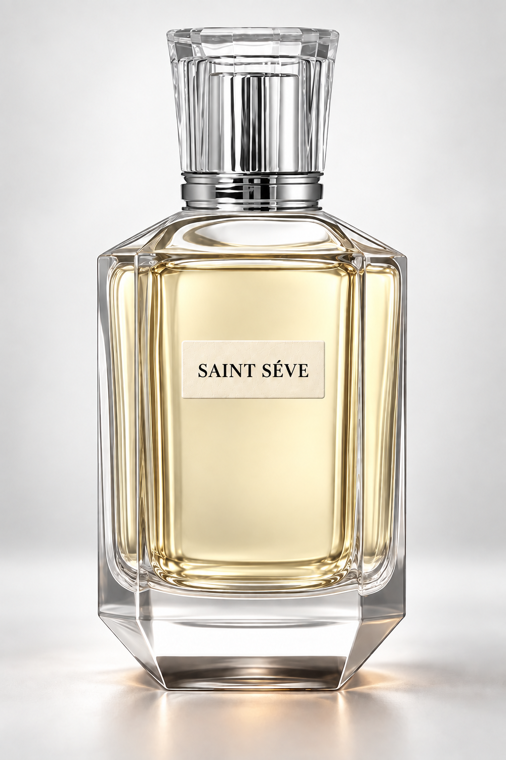 Frasco SAINT SÉVE de vidrio facetado, tapa transparente, metal plateado y líquido amarillo pajizo muy claro.