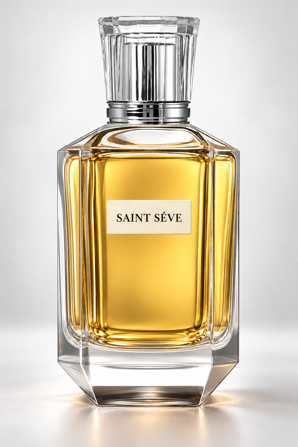 Frasco SAINT SÉVE de vidrio facetado con tapa transparente, metal plateado y líquido dorado.