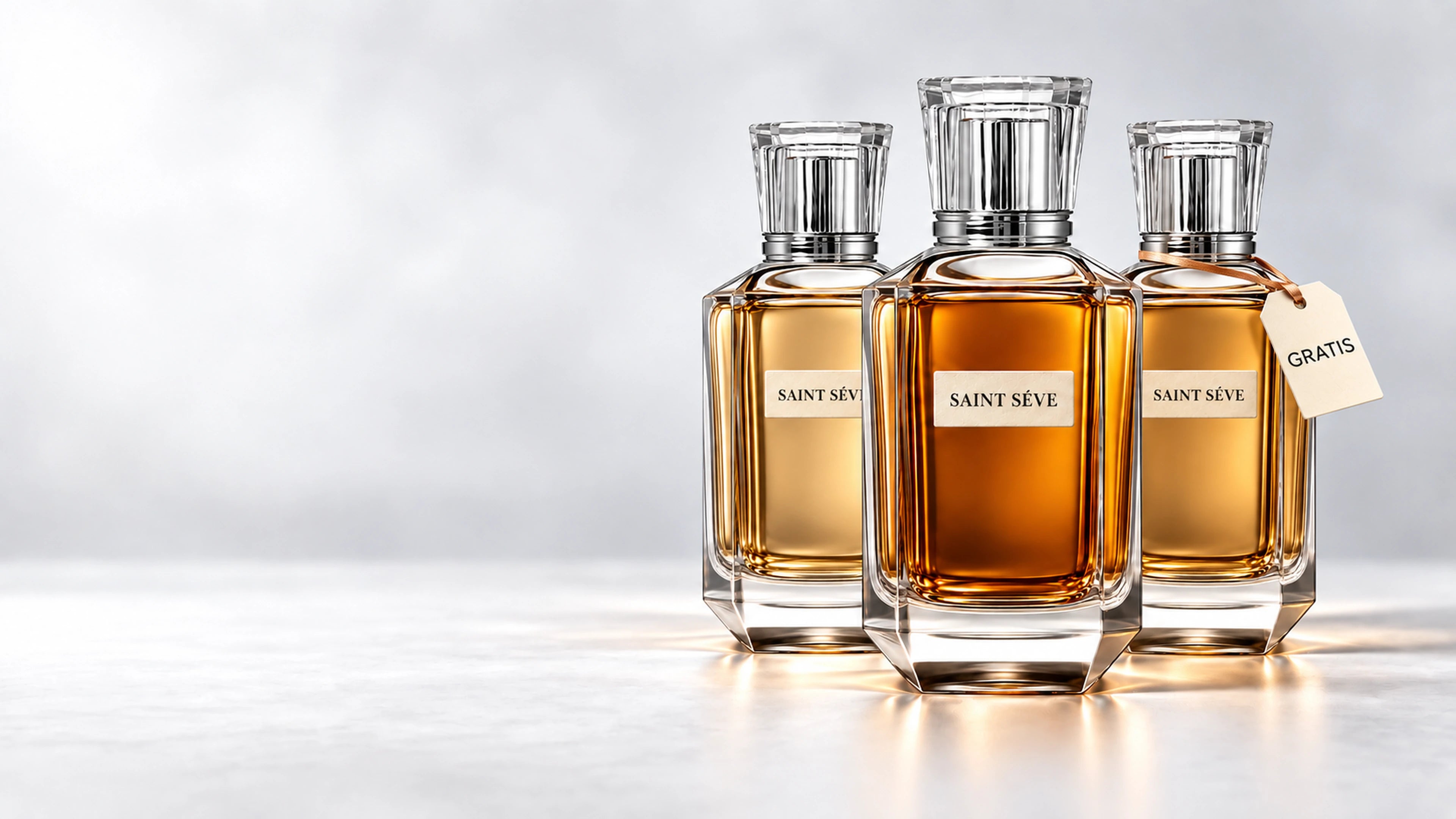 Tres perfumes SAINT SÉVE con distintos tonos de fragancia y un colgante GRATIS